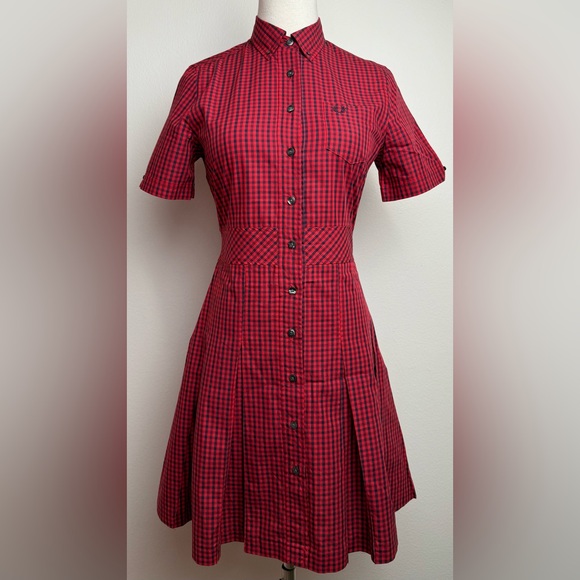Fred Perry Red Gingham Plaid Short Sleeve Collar Mini Reissue Shirt Dress UK 8 - Picture 2 of 14